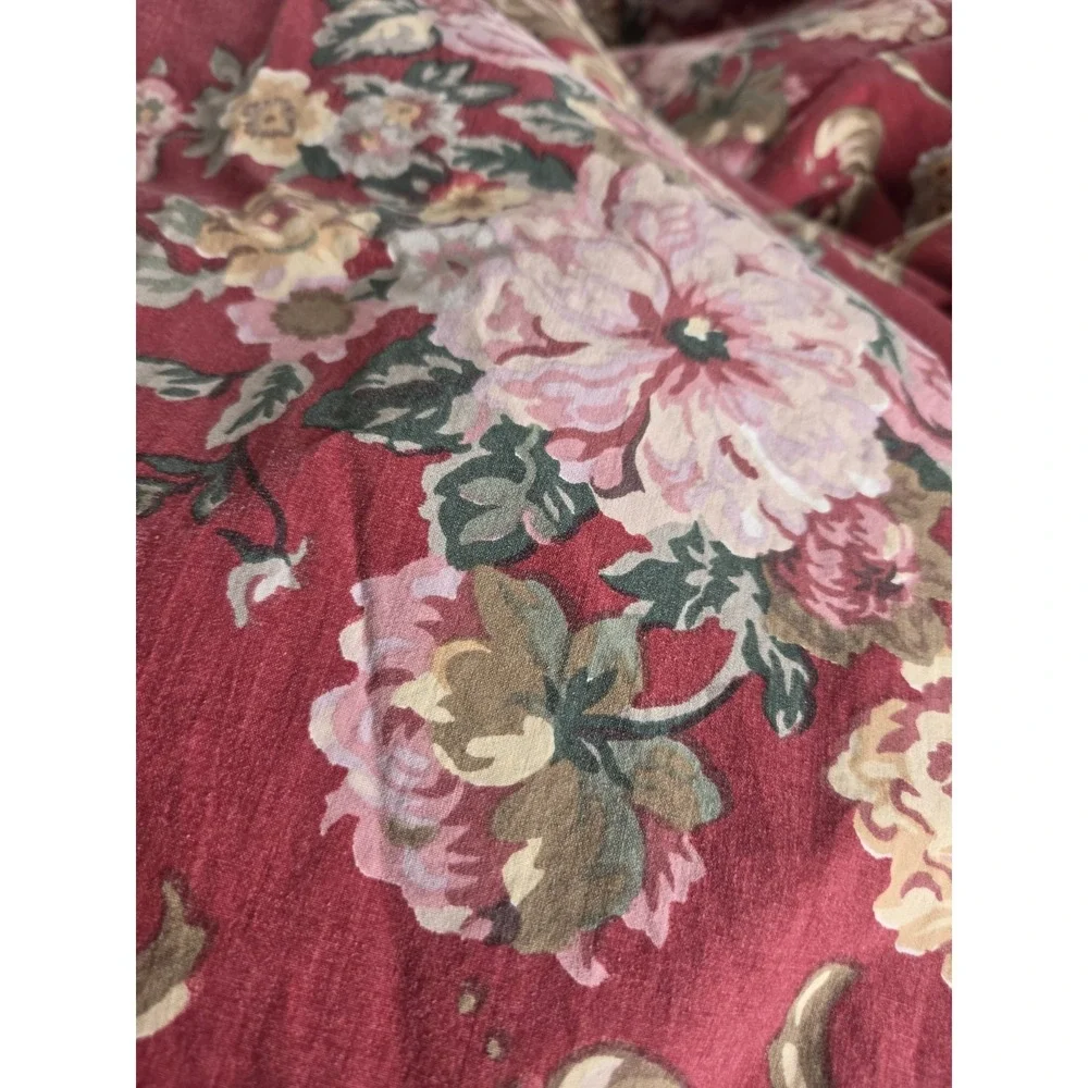 Vtg Ralph Lauren Marseilles Danielle Queen Red Floral Ruffled Flat Sheet